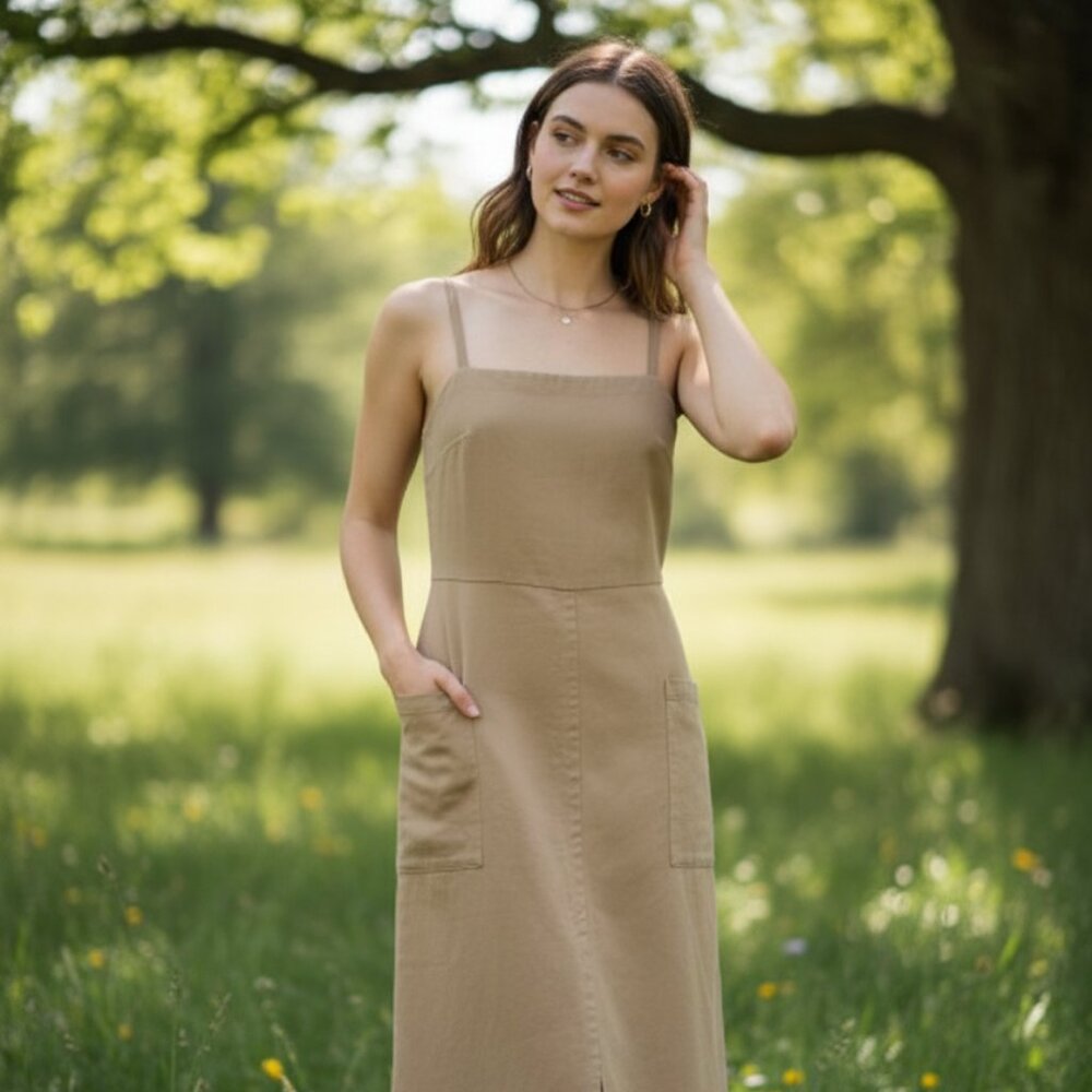 NWOT MNG Limited Edition Khaki Linen-Blend Back Tie Midi Dress Women’s 8